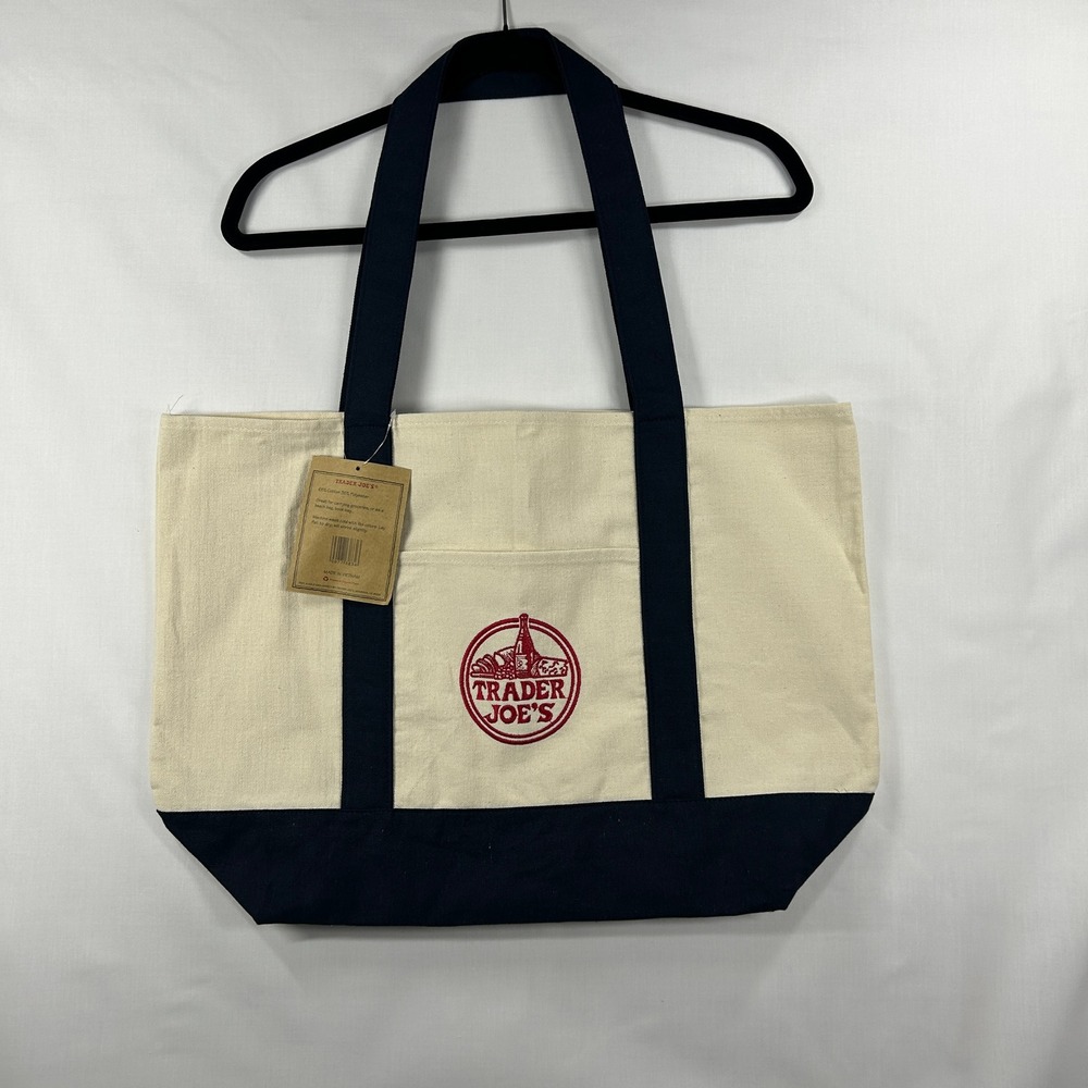 Trader Joe's Canvas Reusable Tote Bag – Cream & Navy Blue Embroidered Logo